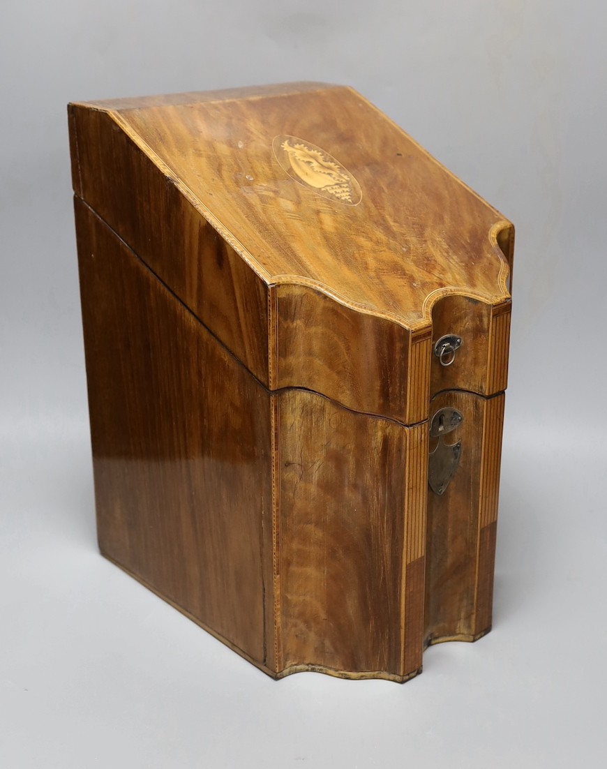 A George III inlaid mahogany knife box with original interior 38cm tall